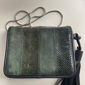 AllSaints green crocodile leather silver crossbody chain bag